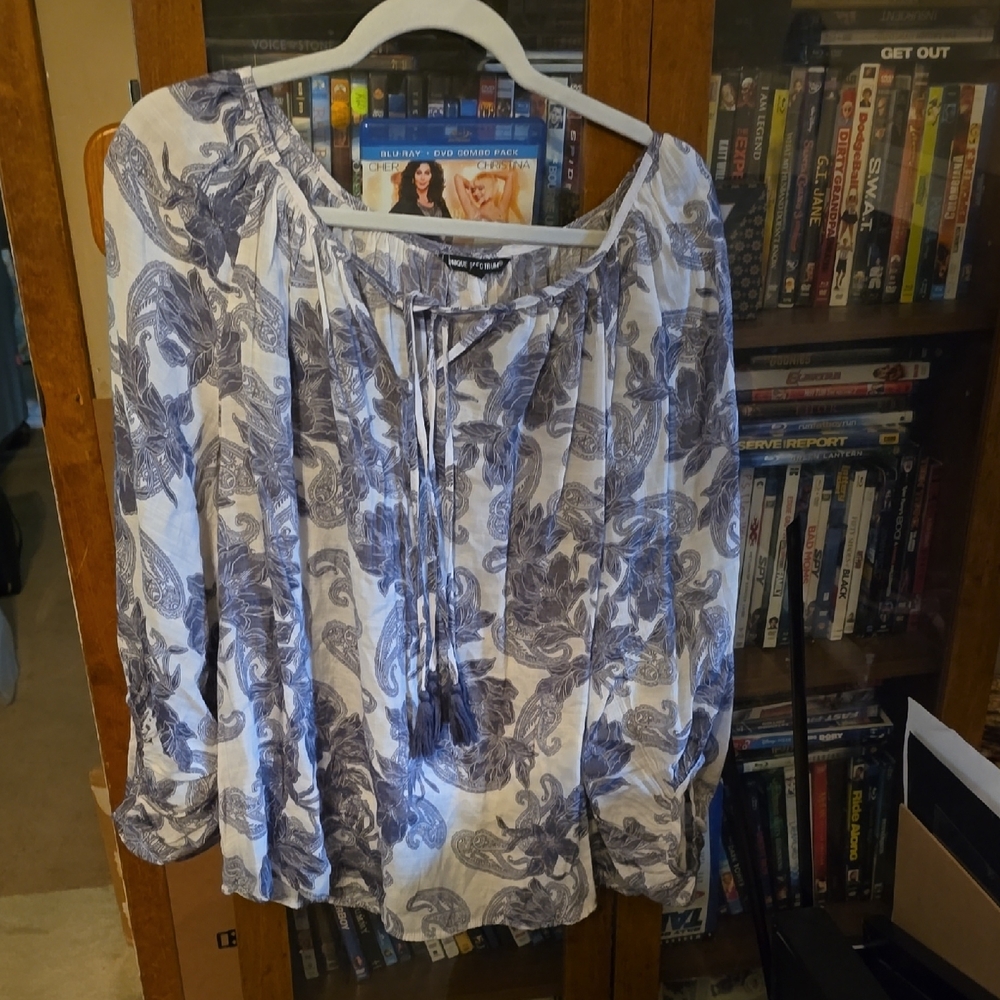 Unique Spectrum Blue and White Tie Front Long Sleeve Blouse